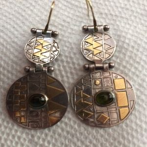 Vintage 18K Gold and Sterling Silver earrings with Green Tourmaline Gemstone